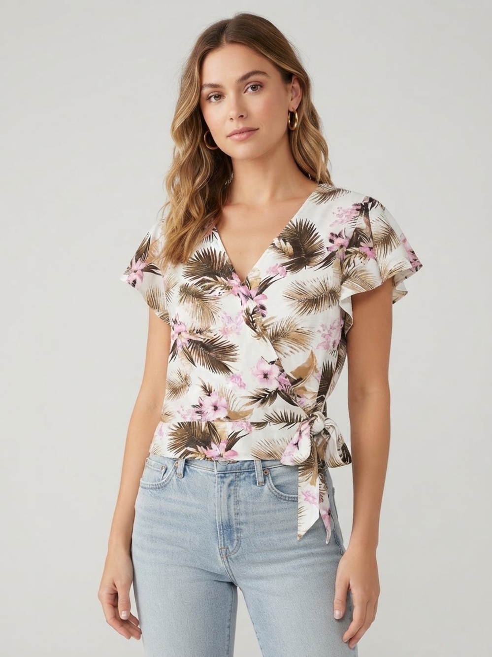 Kut from the Kloth Palm Floral Wrap Tie Top - White Pink Brown